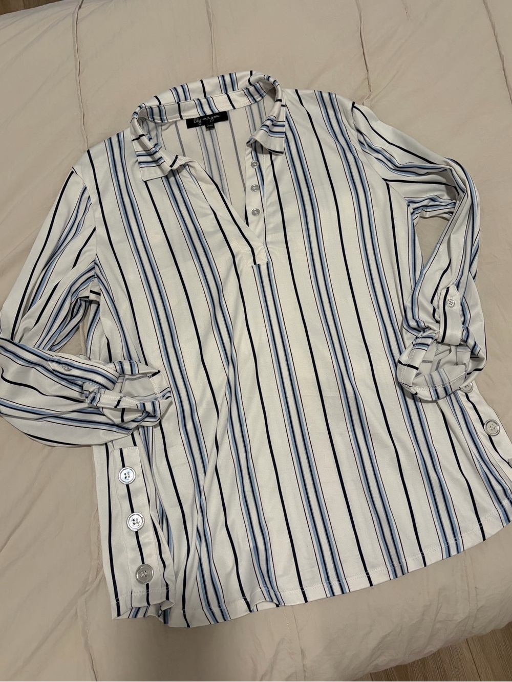Striped Button Cuff Popover Blouse - Blue & White